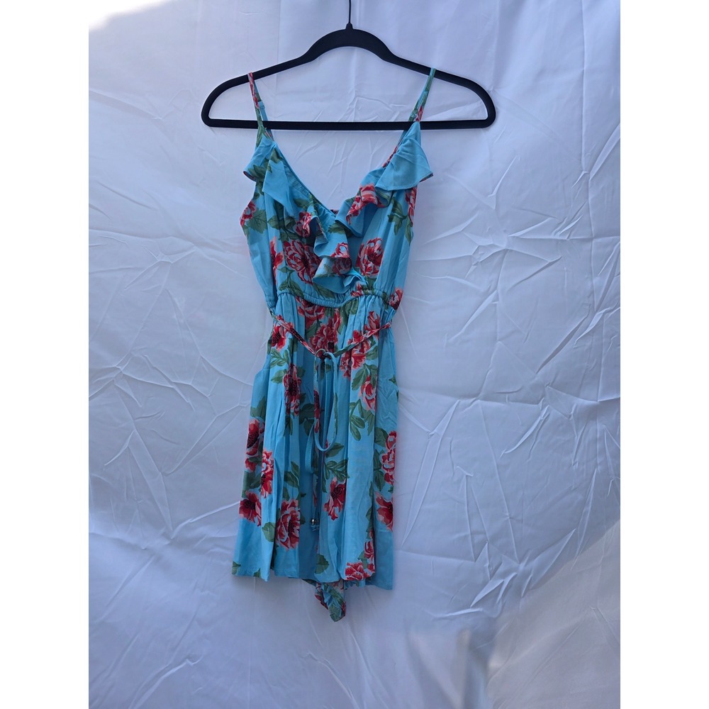 Petal & Pup Blue Floral Ruffle Romper XS Women Sleeveless V-Neck Pockets NWT